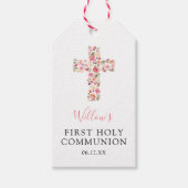 Eerste Heilige Communie Roze Bloemen Cross Favor Cadeaulabel (Voorkant)