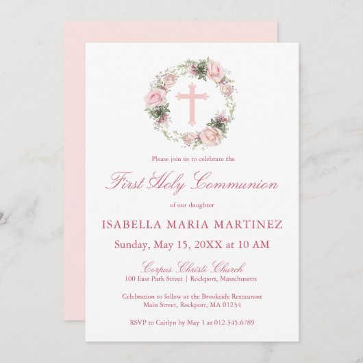 Eerste Heilige Communie Roze Bloemen Kaart (Voorkant / Achterkant)