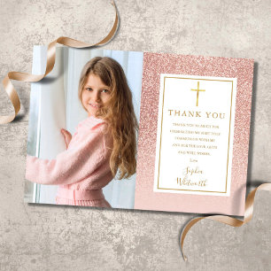 Eerste Heilige Communie Roze Goud Glitter Foto Bedankkaart