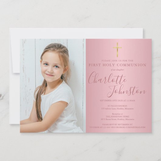 Eerste Heilige Communie Roze Goud Schrift Foto Kaart (Voorkant)