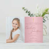 Eerste Heilige Communie Roze Goud Schrift Foto Kaart (Staand voorkant)