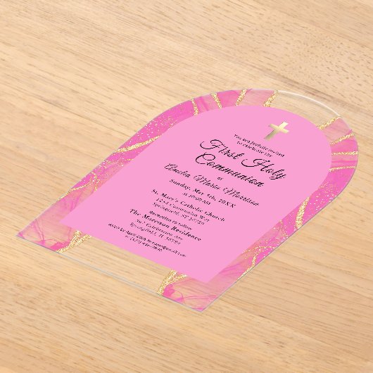 Eerste Heilige Communie Roze Gouden Agaat Elegant Acryl Uitnodigingen (Laagn)