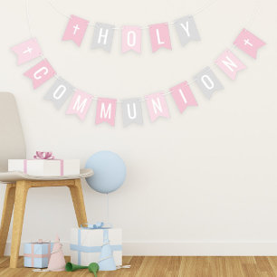 Eerste Heilige Communie Roze Grijs Feest Vlaggetjes