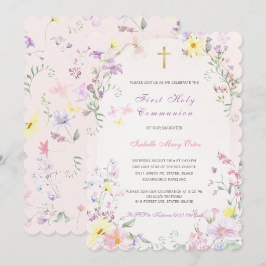 Eerste Heilige Communie roze meisje Kaart (Voorkant / Achterkant)