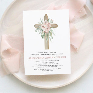 Eerste Heilige Communie roze Roos Greenery Inv Kaart