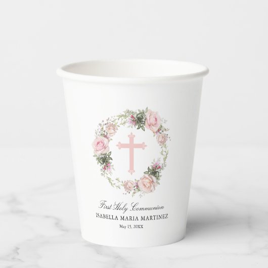 Eerste Heilige Communie Roze Roze Bloemen Kruis Papieren Bekers (Voorkant)