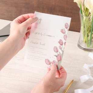 Eerste Heilige Communie roze tulpen Vellum Uitnodigingen