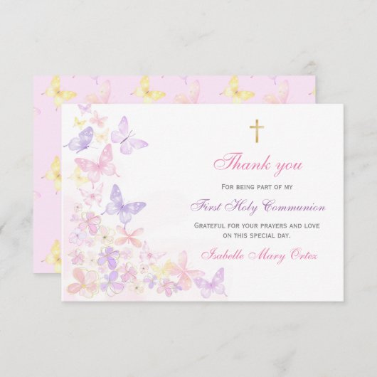 Eerste Heilige Communie Roze Vlinder Meisje Dank j (Voorkant / Achterkant)