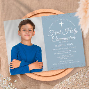 Eerste Heilige Communie Stofblauw Stardust Foto Save The Date