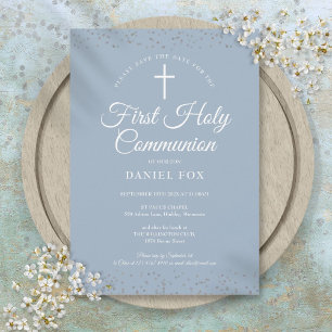 Eerste Heilige Communie Stofblauw Zilveren Sterren Save The Date