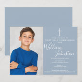 Eerste Heilige Communie Stofblauwe Script Foto Kaart (Voorkant / Achterkant)