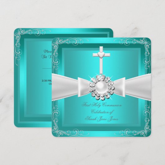 Eerste Heilige Communie Teal Wit Zilver Meisje Jon Kaart (Voorkant / Achterkant)