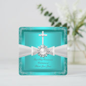 Eerste Heilige Communie Teal Wit Zilver Meisje Jon Kaart (Staand voorkant)