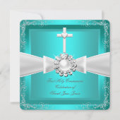 Eerste Heilige Communie Teal Wit Zilver Meisje Jon Kaart (Voorkant)
