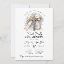 Eerste Heilige Communie uitnodiging met beige stri