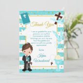 Eerste Heilige Communie voor bruine jongen met bla Bedankkaart (Staand voorkant)