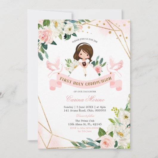 Eerste Heilige Communie voor Roze en Gouden Floral Kaart (Voorkant)