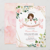 Eerste Heilige Communie voor Roze en Gouden Floral Kaart (Voorkant / Achterkant)