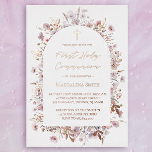 Eerste Heilige Communie wilde bloemen zilver Folie Uitnodiging