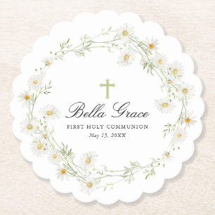 Eerste Heilige Communie Witte Daisy Bloemen Custom Kartonnen Onderzetters