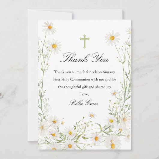 Eerste Heilige Communie Witte Daisy Bloemenkruis Bedankkaart (Voorkant)