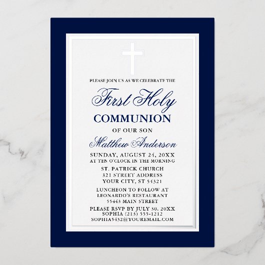 Eerste Heilige Communistische Blauwe Stripes Cross Folie Uitnodiging (Voorkant)