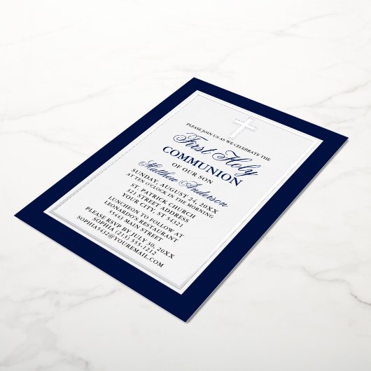 Eerste Heilige Communistische Blauwe Stripes Cross Folie Uitnodiging (Gedraaid)