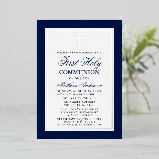 Eerste Heilige Communistische Blauwe Stripes Cross Folie Uitnodiging (Staand Voorkant)