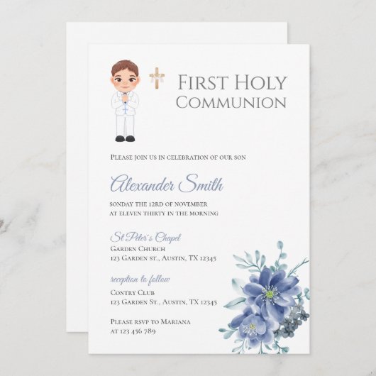 Eerste Heilige Jongen Communie Uitnodiging (Voorkant / Achterkant)
