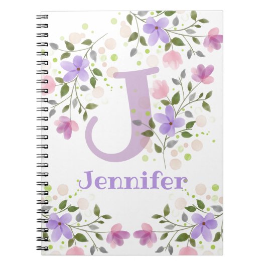Eerste Initiaal plus naam Jennifer met bloemen Notitieboek (Voorkant)
