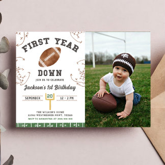 Eerste jaar Down Football 1e Verjaardagsfeestfoto Kaart