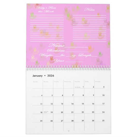 Eerste jaar open agenda voor baby's kalender (Jan 2026)