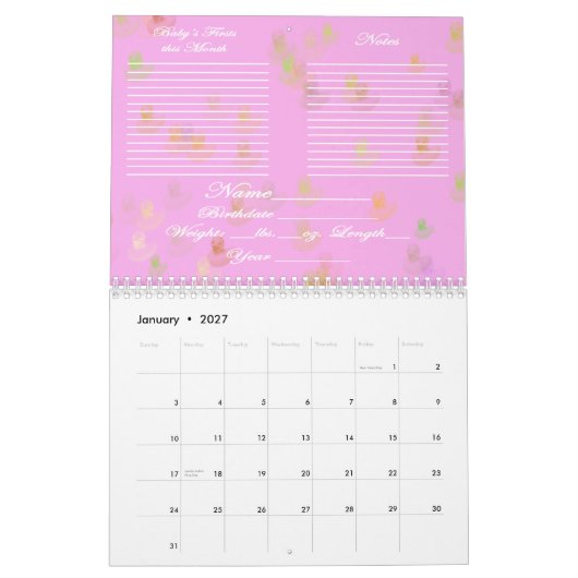 Eerste jaar open agenda voor baby's kalender (Jan 2027)