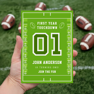 Eerste Jaar Touchdown Groen Voetbalveld Verjaardag Kaart