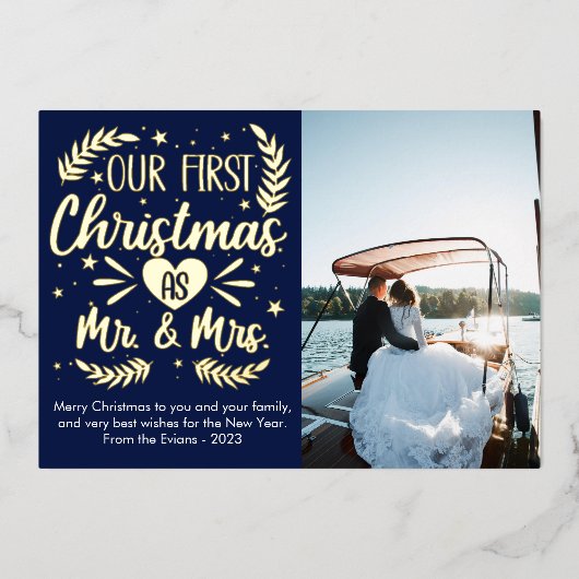 Eerste kerst als de heer en mevrouw Folie Kerstkaa Folie Feestdagenkaart (Voorkant)