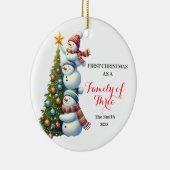 Eerste kerst als familie van 3 kerstmannen keramisch ornament (Rechts)