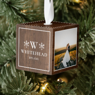 Eerste kerst als getrouwd paar foto rustieke sneeu kubus ornament