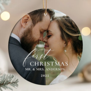 Eerste kerst als getrouwd stel meneer en mevrouw o keramisch ornament