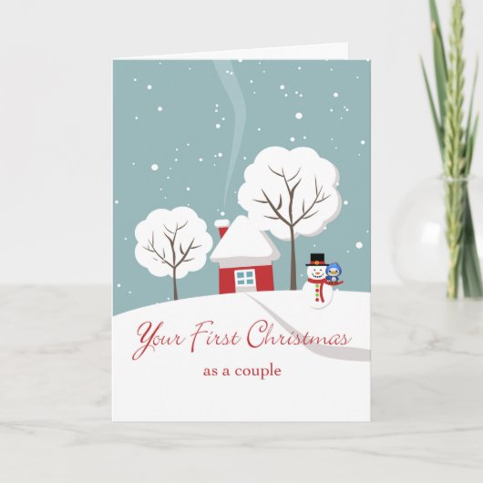 Eerste kerst als koppel met sneeuwman en vogel feestdagen kaart (Voorkant)