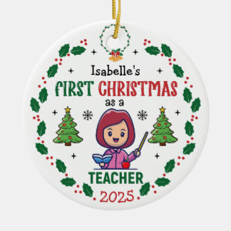 Eerste kerst als leraar aangepaste naam ronde keramisch ornament