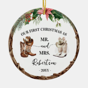 Eerste kerst als mijnheer & mevrouw Western Cowboy Keramisch Ornament