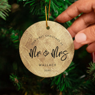 Eerste kerst als Mr & Mrs. Faux Gouden Foto Keramisch Ornament