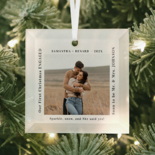 Eerste kerst als verloofd koppel foto glas ornament