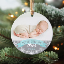 Eerste kerst Aqua Blauwe Baby Jongen Foto