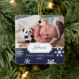 Eerste kerst baby foto sneeuw marineblauw keramisch ornament