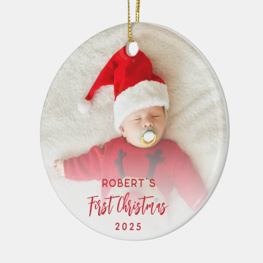 Eerste kerst Baby Photo Script Custom Keramisch Ornament (Links)