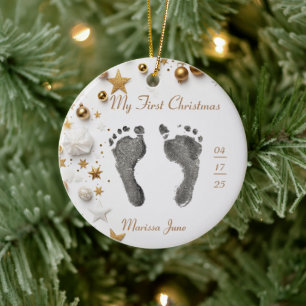 Eerste Kerst Baby's Voet Prints Naam Foto Star Keramisch Ornament