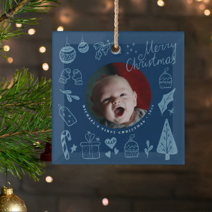 Eerste kerst blauw knuffel handgetekende Doodles Glas Ornament