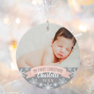 Eerste kerst blozend roze babymeisje foto ornament