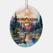 Eerste kerst buitenshuis paar Pas getrouwd Keramisch Ornament (Rechts)